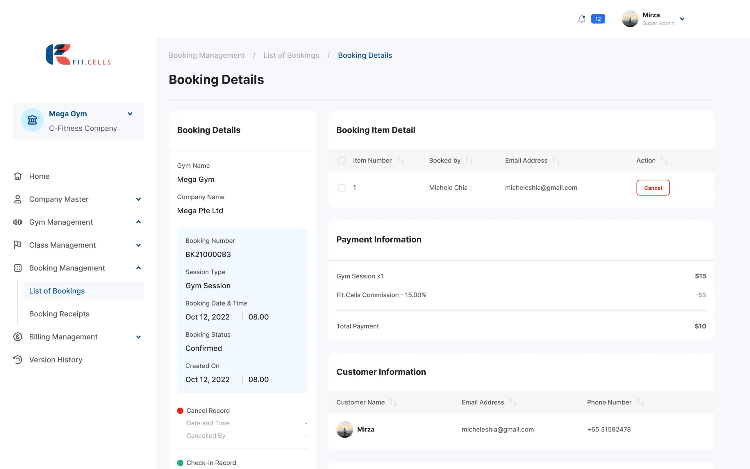 Manage Booking screen